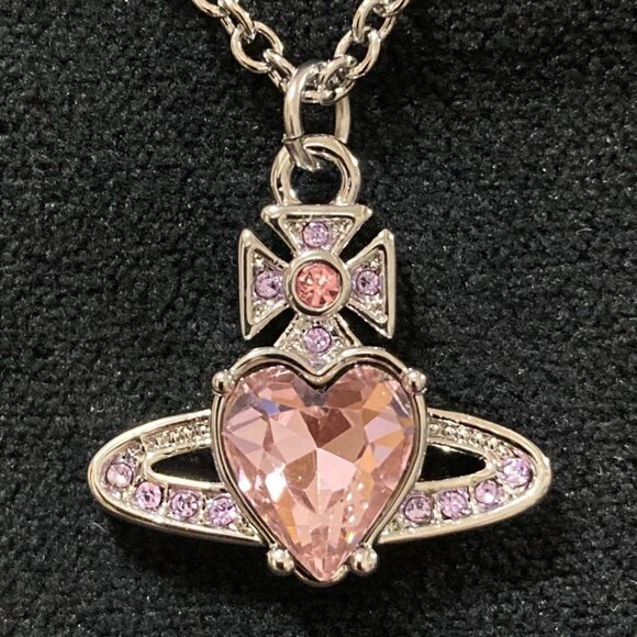 Vivienne Westwood Ariella Pink Heart Crystal Necklace SilverChain Orb With Pouch - Picture 1 of 16